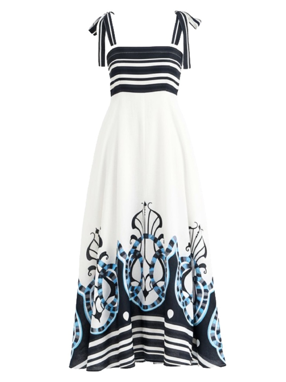 Striped Tie-Shoulder White Maxi Dress with Navy & Light Blue Border Print
